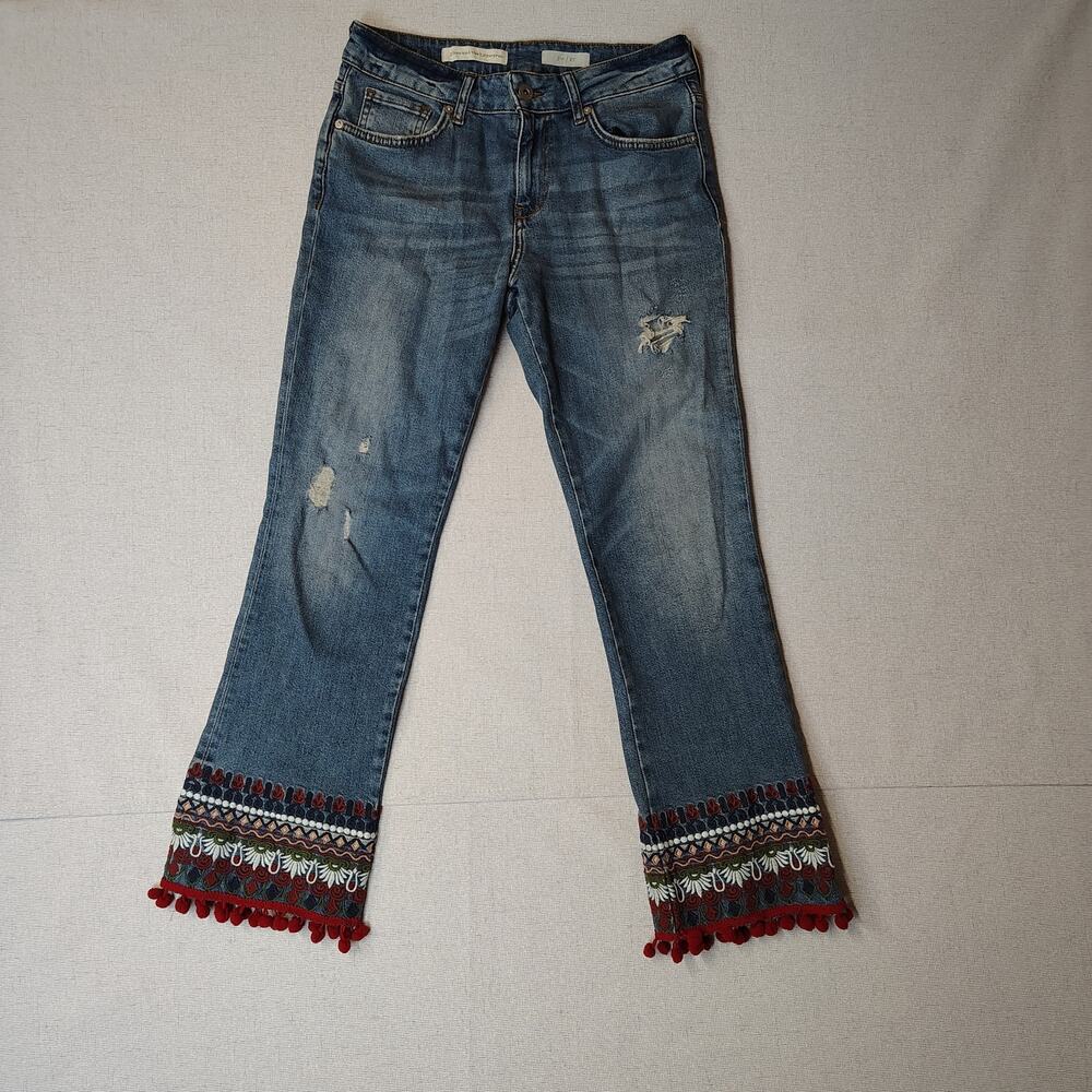 Pilcro Letterpress Jeans 27 Embroidered Pom Pom Flare Boho Anthropologie